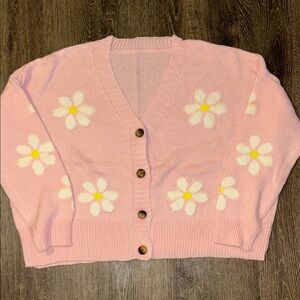 Pink Floral Button-Up cardigan Sweater pretty pink with daisies. New w/o tags